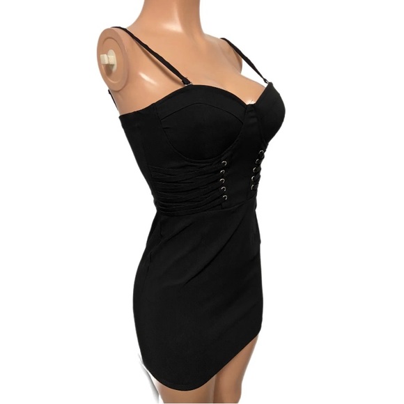 Sexy Black Bodycon bustier Corset style padded cups Stretchy mini cleavage dress - Picture 3 of 6